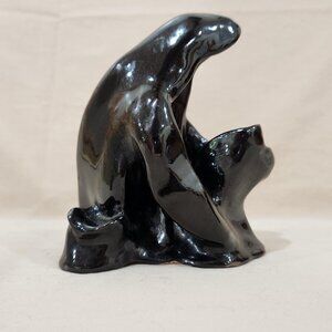 Art Deco Black Glazed Pottery “Mother & Child” Figurine–Vintage Sculptural Décor
